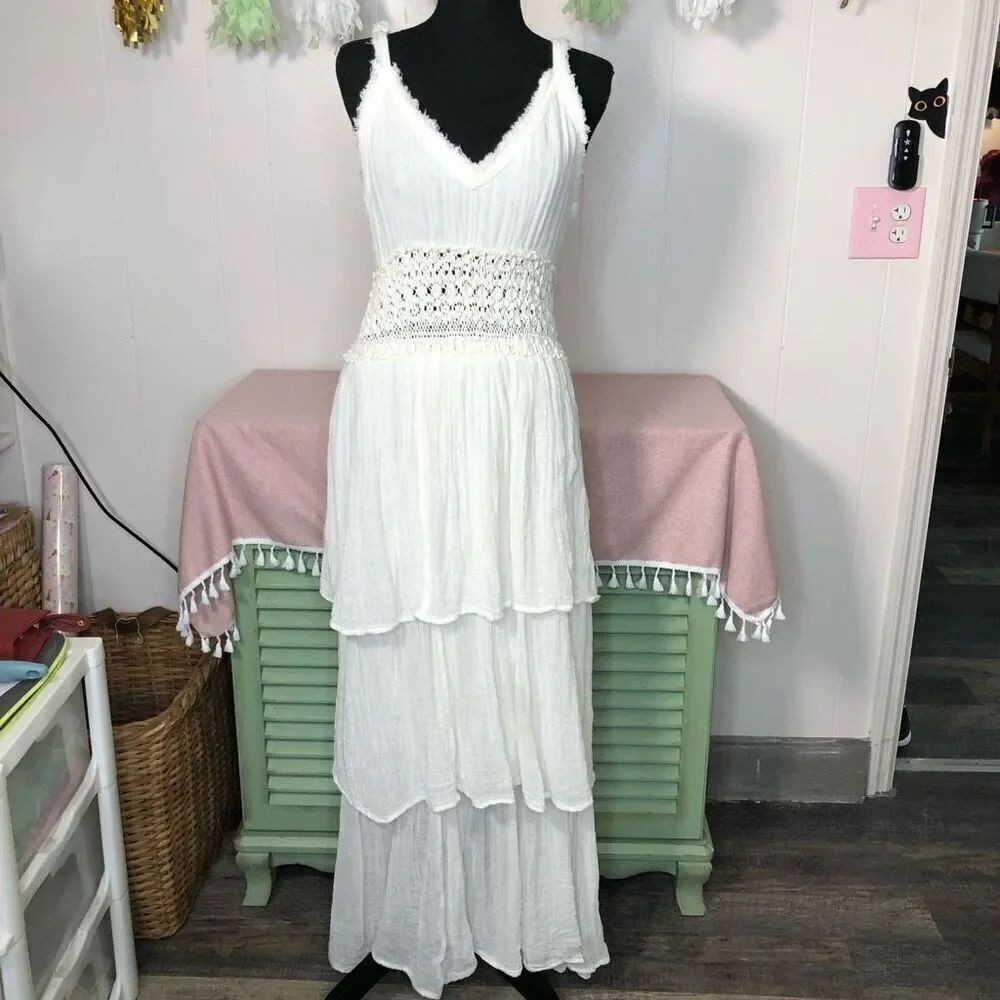 Jen's Pirate Booty Womens Heart Of Gold Crochet Long Layered Dress White XS